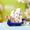 Gold dragon boat keychain with blue enamel, sparkling rhinestones, and lucky text - Blue Dragon Boat