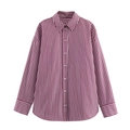 Burgundy striped long sleeve button-up shirt with classic collar and draped fabric - XS / Red Stripe