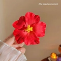 Elegant large red hibiscus hair clip with yellow stamen for a summer beach look - Red Hibiscus