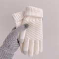 Guantes de invierno de punto blanco marfil con puntas táctiles y puños acanalados - Blanco