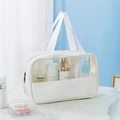 White semi-transparent PVC makeup bag with leather base and double handles for travel - Medium / White
