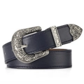 Detail of dark blue leather belt featuring ornate silver vintage western buckle and tip - 105cm / Silver Buckle Black