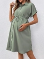Vestido premamá de manga corta verde guisante con botones y cordón ajustable en cintura - S / verde claro