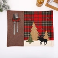 Christmas burlap placemat with red plaid design, cutlery pocket and festive reindeer embroidery - Forest Yak Style