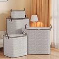 Grey herringbone fabric storage bags set with leather handles and top zippers for clothes - Zipper Grey Wave