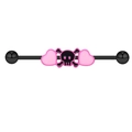 Industrial barbell earring featuring black skull and pink hearts on stainless steel rod - Black Skull Pink Heart