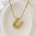 Golden puffy U-shape letter pendant on a beaded snake chain with textured finish - Gold Letter U