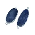 Natural kyanite oval pendant connector in silver-plated edging with dual rings - Irregular / Silver Edge