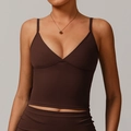 Slim fit dark brown yoga tank top with thin straps and V-neckline sport bra - S / Coffee