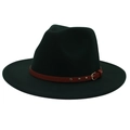 Detail of dark green wool fedora featuring brown leather strap with gold rivets and buckle - M(56-58cm) / Dark Green (3 Rivets)