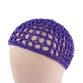 Detail showing deep purple crochet hair net with hexagonal mesh on a model - Purple