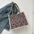 Fashionable jacquard tote bag with red-orange floral pattern and canvas handles - Style 1