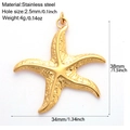 Detailed view of a golden stainless steel starfish pendant with exact dimensions and hole size - Starfish-G8