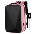 Pink and black geometric hard shell business backpack with external USB charging port - Pink
