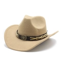 Detail of western cowboy hat with leather band and vintage bull head metal badge decoration - M(56-58cm) / Camel