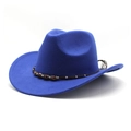 Close-up of royal blue wool western cowboy hat with beaded braided strap and wide brim - M (56-58cm) / Blue