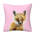 Detail of pink square cushion cover featuring a cute watercolor fox print on textile fabric - 08 Little Fox