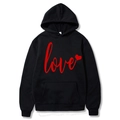 Black drawstring hoodie featuring a red cursive love print and heart graphic - S / Love Print / Black