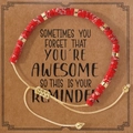 Handmade red marble stone bead bracelet with gold spacers on gift message card - Red Textured Beads-Beige Cord-With Reminder Card