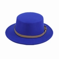 Detail of royal blue boater hat with a brown leather belt and golden buckle - Adult 58cm One Size / Royal Blue