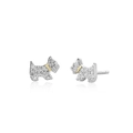 S925 sterling silver Scottish Terrier stud earrings with zircon crystals and gold collar - Stud Earrings / Platinum