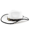 Classic white cowboy hat with black decorative stitching and vintage star badge detail - M(56-58cm) / White (Black Whipstitch)