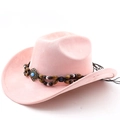 Detail of pink suede cowboy hat featuring handcrafted beaded band and turquoise gemstone - M (56-58cm) / Pink