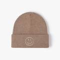 Coffee brown winter beanie with embroidered smiley face and ribbed knit texture - One Size / Khaki