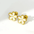 Elegant gold flower stud earrings with white enamel petals and secure screw back closure - White Gold Flower (Single)