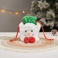 Christmas snowman drawstring gift bag made of plush white fabric with green plaid trim - J-19 Shiny Fabric Snowman Bag