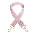 Detail of pink and white herringbone pattern wide strap with adjustable gold metal buckle - White Pink Gold Clasp
