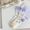 Cute white crew socks with purple cartoon bear and Hello text print in Korean style - One Size / Purple