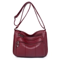 Dark red soft leather crossbody bag with multiple zippers and wide strap in pebble finish - Style 3 / Burgundy