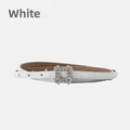Elegant white genuine leather skinny belt with sparkly rhinestone buckle for women - White