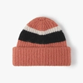 Winter chunky wool beanie in retro brick red with beige and black contrast stripes - One Size / Orange Red