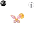 Gouden vlinder F136 titanium piercing met roze zirkoon en interne schroefdraad - Roze Zirkonia / Gouden vlinder
