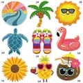 Close-up of nine colorful summer embroidery patches showing sun, flamingo, and flip-flops - 9-Piece Set
