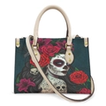 Halloween Day of the Dead sugar skull floral print tote bag with cream leather straps - Sugar Skull Female Head Red Rose - Off-White Strap
