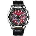 Reloj deportivo para hombre con esfera roja, caja plateada y correa de cuero negro con relieve - Cuero Negro Esfera Roja