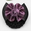 Detail of professional hairnet with purple silk rose and rhinestone accents on black ribbon - Purple with Rhinestone Rose
