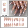 French purple press-on nails with 3D bows, daisies, and rhinestones in long almond shape - Nude Pink White Edge Bow Daisy Style (CJCY-394)