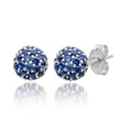 Close-up of blue sapphire pavé sphere stud earrings with silver metal settings - Silver Blue