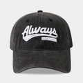 Nahaufnahme der Always 3D-Stickerei auf verwaschenem schwarzem Baumwoll-Baseballcap - Schwarz