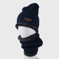 Winter knitted beanie and neck warmer set in navy blue with thick fleece lining - One Size / Navy Blue