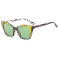 Cat eye sunglasses featuring wood grain pattern frame with yellow color blocking and green lenses - Striped Frame Green Lens