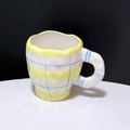 Hand-kneaded ceramic tulip coffee mug with yellow stripes and blue grid pattern - Stripe Pattern