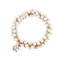 Detail of beaded hair scrunchie with white faux pearls and gold Jaya & Co. pendant - 1# Pearl Beaded Hair Tie