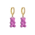 Orecchini a cerchio dorati con zirconi e pendente a forma di orsetto viola su bianco - Oro Rosa