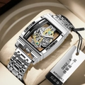 Silver tonneau hollow mechanical watch with steel strap and complex visible gears - Silver Steel (Steel Strap)