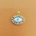 Golden Evil Eye pendant with blue zircon center and colorful gemstone halo on orange leather - 28-Gold Round Multi-gem Blue Eye
